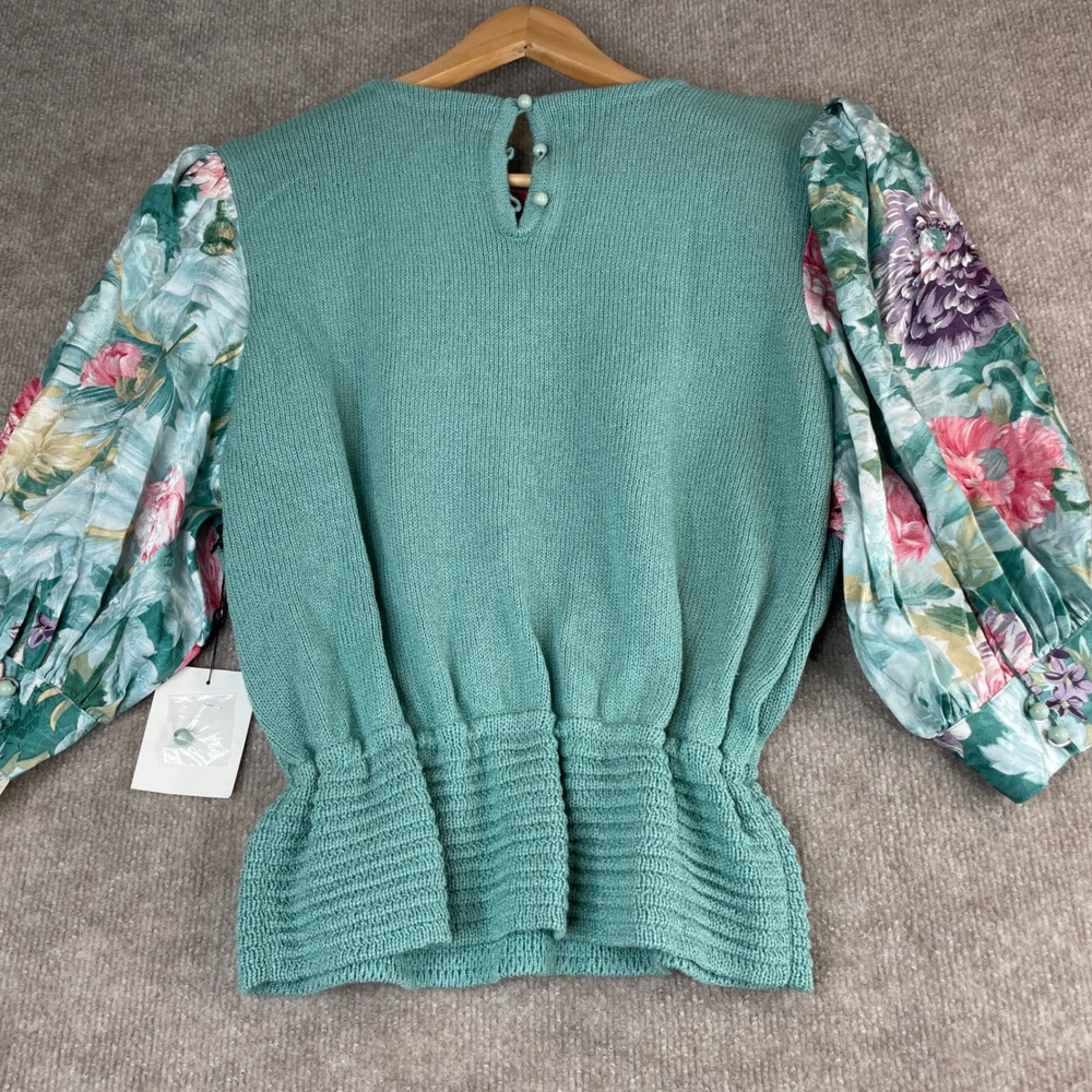 Anne Crimmins Umi Collections Sweater Floral Puff‎ Sleeve Knit Aqua Pink Sz L - Picture 10 of 15